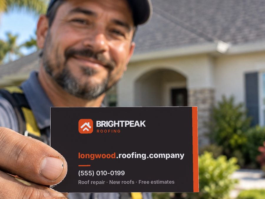 longwood.roofing.company on a roofer's business card