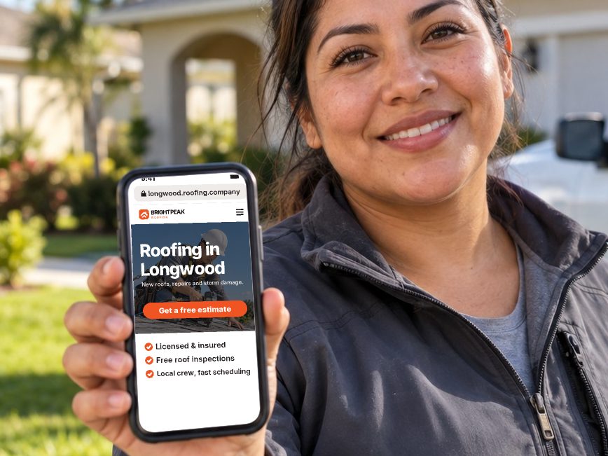 longwood.roofing.company open in a phone browser
