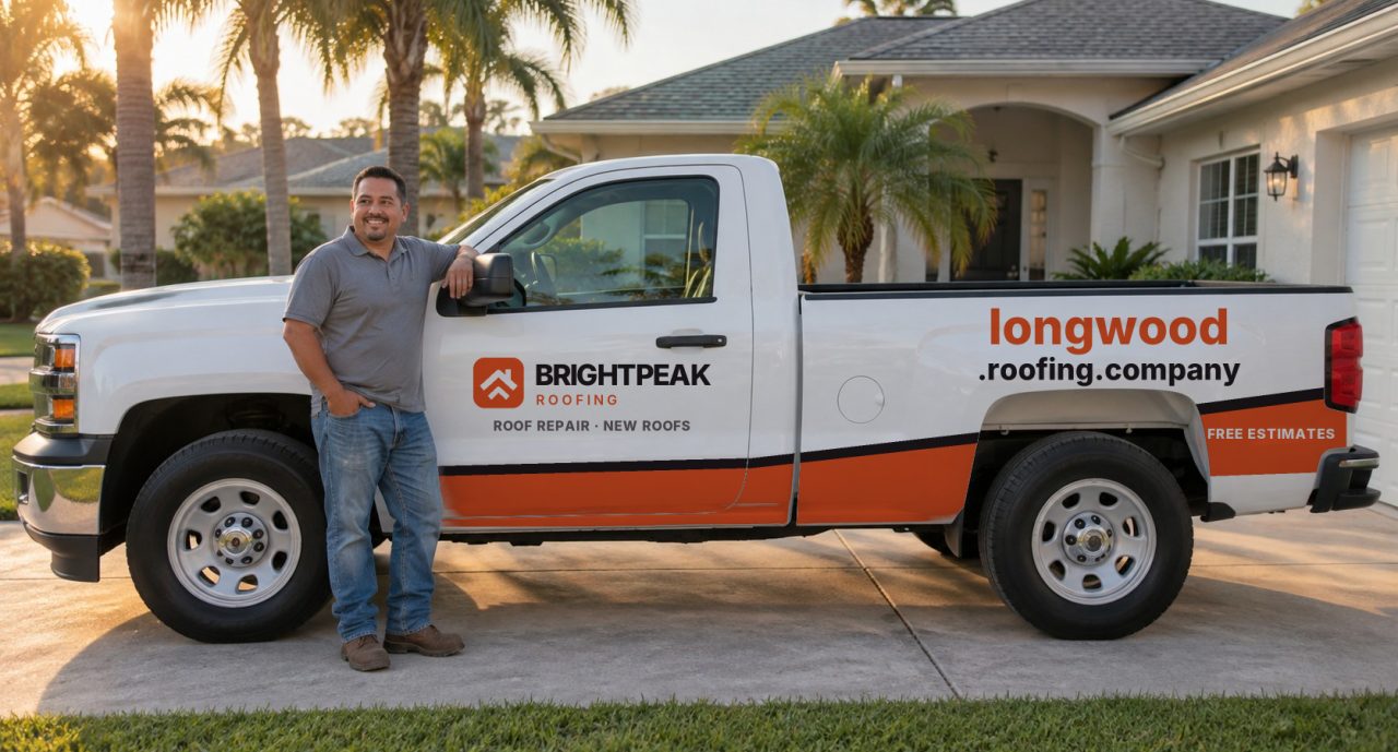 longwood.roofing.company painted on the side of a white work truck