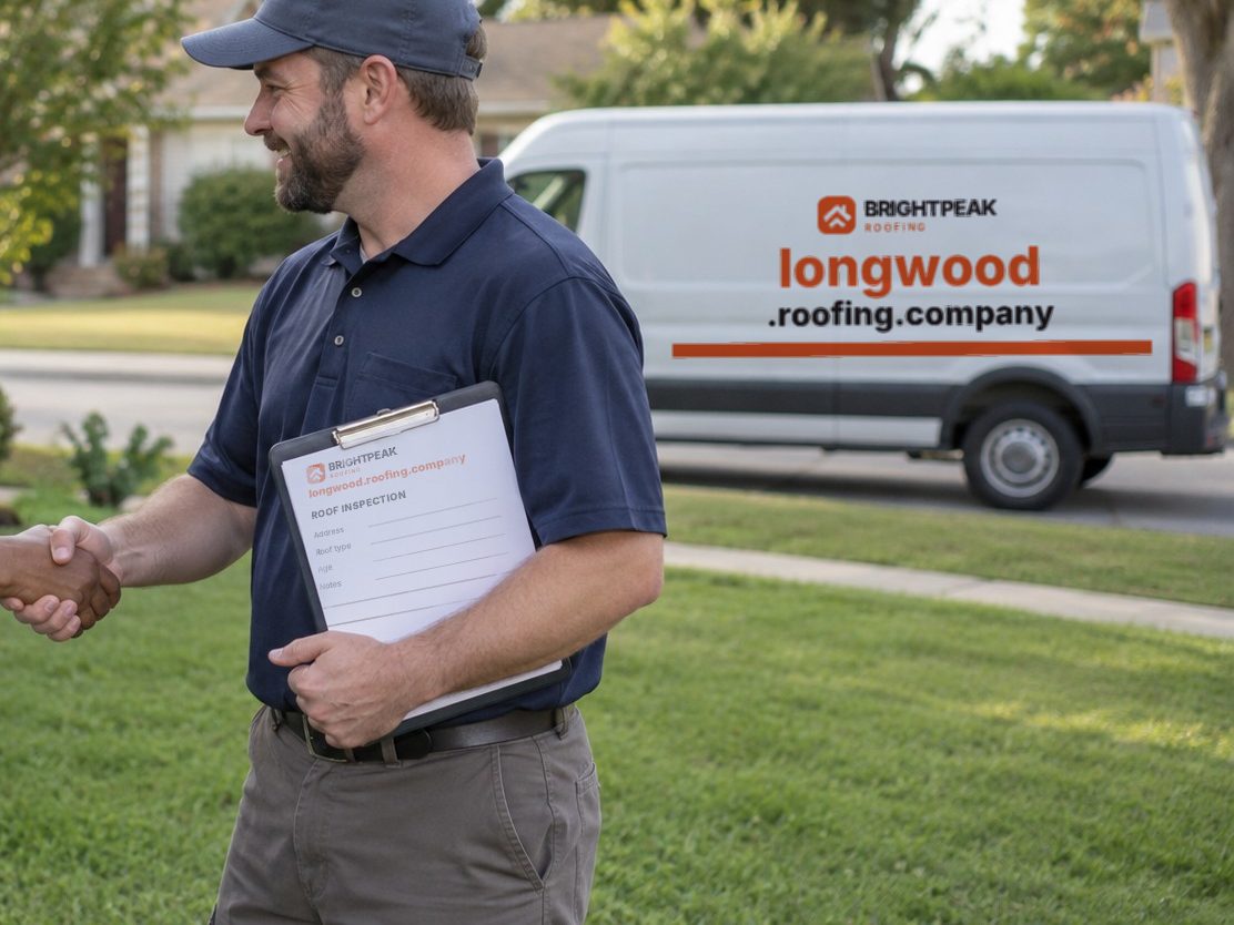 longwood.roofing.company on a roofing van and an inspection form
